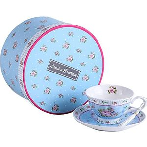 Set van koffiekopjes en schoteltjes, vintage, Flora Rose Lavendel, geschenkdoos van porselein (blauw roze, 1 set)