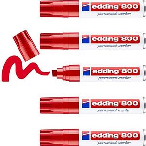 edding 800 permanente markers, rood, 5 pennen, wigvormige punt 4-12 mm, voor brede markeringen, sneldrogend, waterdicht en slijtvast, voor karton, kunststof, hout, metaal, glas