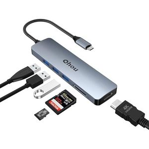 QHOU USB C-hub met twee schermen, 6-in-1 adapter, USB 3.0 5 Gbit/s sneldockingstation (4K HDMI, SD/TF, USB A 3.0) voor Mac Pro/Air, Dell, Surface HP, Lenovo en type C
