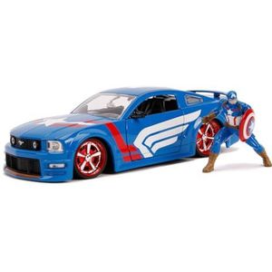 Jada Toys 253225007 Marvel 2006 Ford Mustang GT speelgoedauto, deur, kofferbak, kap om te openen met figuur Die-cast Captain America schaal 1:24 blauw