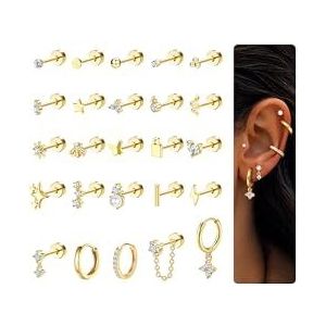 CASSIECA 25 stuks oorbellen van chirurgisch staal voor dames in goud en cirkel oorbellen, kleine oorbellen, knop conch piercing, tragus, helix, piercing