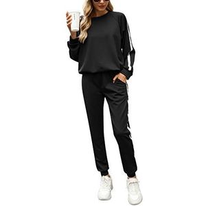 Irevial damesjoggingpak in 2 delen, informele stijl, pyjama, indoor, sportkleding, lange mouwen, sweatshirt, comfortabele broek, zwart.