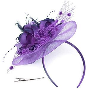 Fascinator-hoed voor dames, elegante gebreide muts met veren en bloemen, voor thee, bruiloft, cocktail, kerk, bruid