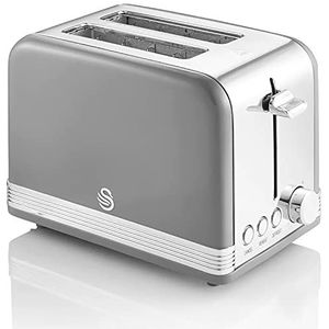 Swan Retro ST19010GRNEW broodrooster met 2 schijven, vintage design, 3 functies: ontdooien, opwarmen, annuleren, 6 toaststanden, roestvrij staal, grijs, 815 W