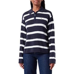 Tommy Hilfiger Polo-nk trui van zachte wol voor dames, Breton Stp/ Desert Sky/ Ecru