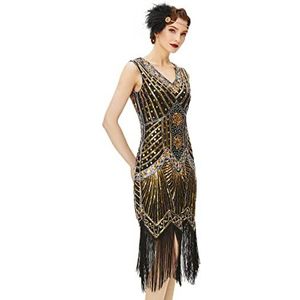 BABEYOND Dames flapper jurken jaren 1920 V-hals kralen franjes Great Gatsby jurk, Goud, 3XL