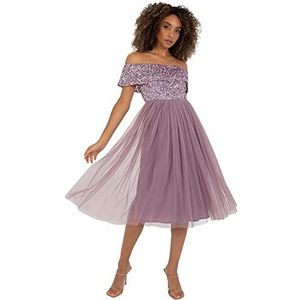 Maya Deluxe Maya Deluxe Dames Bardot Jurken voor Vrouwen Midi High Empire Waist Pailletten Verfraaid Formeel Bruiloft Guest Bruidsmeisjesjurk Dames (1 stuk), Moody Lilac