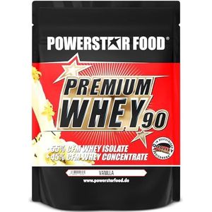 Powerstar PREMIUM WHEY 90 Proteïnepoeder 850 g | 82,8% eiwit | Whey Protein Powder | geproduceerd in Duitsland | 55% CFM Whey Isolaat & 45% CFM Concentraat | Rijk aan EAA & BCAA | Vanilla