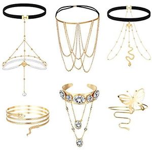 Kakonia Set van 6 armkettingen voor dames, verstelbare lichaamssieraden van strass, slangenketting van kristal, vlinderarmband, rvs