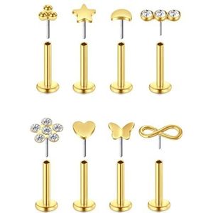WillTen Set van 8 piercings, 16 g, 6/8 mm, tragus design, chirurgisch staal, zirkonia, voor oren, lippen, kraakbeen, helix, voor vrouwen en meisjes, goud, zilver, Lak Roestvrij staal