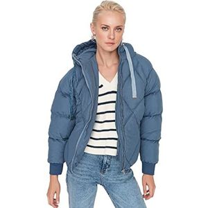 Trendyol Winterjas voor dames, lange mouwen, capuchon en ritssluiting, blauw, maat L, Blauw