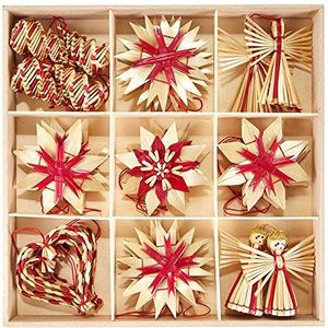 HEITMANN DECO 25 stuks hangers van stro, met rode accenten, kerstboomdecoratie, van natuurlijk materiaal