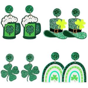 4 paar oorbellen voor St. Patrick's St. Patrick's St. Patrick's Patrick's Patrick's Clover Groene Bier Hoed Oorbellen Acryl Klaver Sieraden voor Vrouwen, Meisjes, Legering, acryl, Sterrobijn