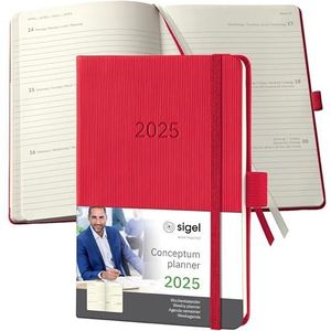 SIGEL Conceptum C2565 Agenda semainier 2025, format A6, rouge, couverture rigide, 176 pages, élastique, passant pour stylo, pochette d'archives, certifié PEFC, vert