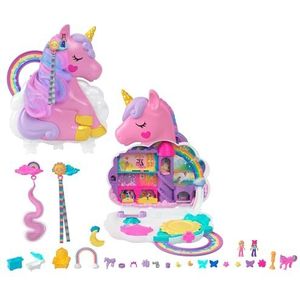 Polly Pocket Koffer kapsalon, eenhoorn met regenboog om te kappen, 2 poppetjes, meer dan 25 accessoires en mobiele elementen, speelgoed voor kinderen, vanaf 4 jaar, HMX18