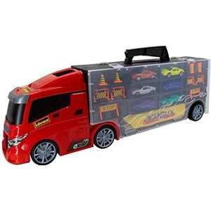 Idena 40125 - vrachtwagenset met geïntegreerde kofferbak, 6 speelgoedauto's en 10 verkeersborden, voor kinderen vanaf 6 jaar, ca. 50 x 9 x 15 cm