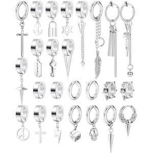 FIOROYAL 25 stuks clip-on oorbellen voor heren, kruisketting, roestvrij staal, zwart, nep-oorbellen, huggie oorbellen, zonder piercing, rvs, Zirkonia