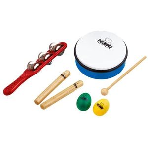 Nino Percussion NINOSET3 Set (7 stuks) voor kleuterscholen, kerststallen, scholen / muziektherapie incl. Jingle Stick, houten claven, Egg Shaker, handtrommel ABS