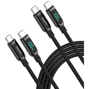 SOOPII USB C naar USB C-kabel, [2 stuks, 1,2 m] 100 W PD snellaadkabel, type C nylon gevlochten kabel met led-display voor lPad Air/lPad Pro, MacBook Pro, Samsung Galaxy S21Plus (zwart)