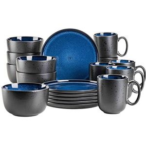 MÄSER 931971 serie Niara, modern serviesset voor 6 personen in spannende vintage look, 18-delig ontbijtservies van keramiek in blauw en zwart, steengoed