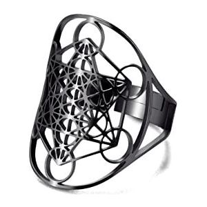 Amaxer Rvs Metatrons Cube Ring voor Vrouwen Aartsengel Metatron Beschermende Verklaring Uitgehold Vrouwen Band Ring Sieraden voor Dame, Roestvrij staal, Roestvrij staal
