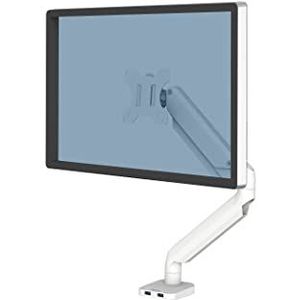 Fellowes Monitorhouder voor 1 monitor tot 32 inch (32 inch), Platinum Series monitorarm met gasveer, USB-poorten, bevestiging met klem of kabeldoorvoer, kleur: wit