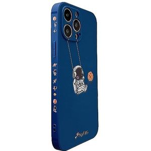 Leuke beschermhoes voor iPhone 13 Promax, cartoon, coole astronaut, ruimte, planeet, schommel, elegant design, bumper van zacht TPU, antislip, schokabsorberend (blauw)