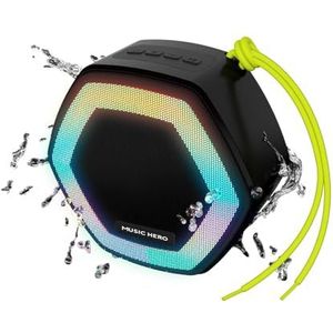 Music Hero Enceinte sans fil, 5 W, étanche à l'eau, IPX5, LED, avec cordon, multi-entrées, touches multifonctions, noir et blanc
