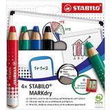 STABILO MARKdry Set van 4 whiteboard- en whiteboard-markers met puntenslijper en veegdoek