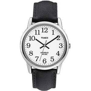 Timex T20501 Easy Reader herenhorloge met zwarte leren band, 35 mm, zilver, 35 mm, riem, zilver., Riem