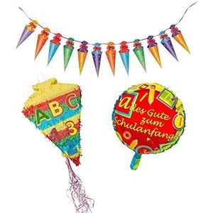 Idena 90125 - 1 x Pinata schooltas, 1 x slinger, 1 x folieballon voor de eerste schooldag, decoratie, cadeau