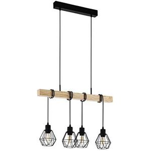 EGLO pendellamp TOWNSHEND 5, 4 lichtbronnen vintage pendelarmatuur in industrieel ontwerp, retro hanglamp van staal en hout, kleur: zwart, bruin, fitting: E27