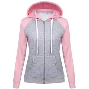 Sykooria Dames hoodie flanel sportjas met ritssluiting en 2 zakken winter herfst dames casual running fitness, Roze/Grijs