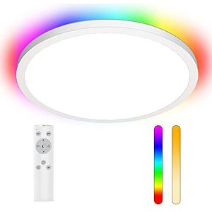 Led-dekkingslamp, dimbaar, 18 W RGB afdeklamp met afstandsbediening, ronde plafondlamp voor woonkamer, slaapkamer, kinderkamer, keuken, badkamer, badkamer, 1600 lm, diameter 295 x 25 mm