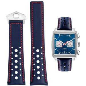 FOUUA TAG Heuer Monaco Horlogebandje, 22 mm, echt leer, met blauwe en zwarte band, reservearmband voor TAG Heuer Monaco TAG Heuer Carrera Aquarace, 22 mm, Leer