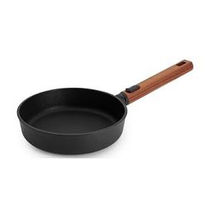 Woll Eco Logic QXR platte pan van gegoten aluminium, inductie, diameter 20 cm, hoogte 5 cm, met afneembare en duurzame houten handgreep, geschikt voor alle warmtebronnen, PFAS-vrij