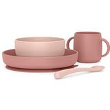 Suavinex, Babyservies van siliconen met sterke zuignap, bestaande uit: kom 350 ml + bord 400 ml + beker 240 ml + lepel 4 maanden kleur Essence Pink