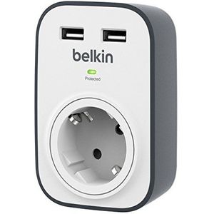 Belkin SurgeCube USB-stopcontact en overspanningsbeveiliging, 1-weg/1-voudig met overspanningsbeveiliging, beschermde stekker met 2 USB-poorten 2,4 A, wit