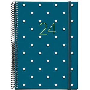 Miquelrius - Jaarplanner 2024, weekweergave, plus grootte 155 x 213 mm (vergelijkbaar met A5), hardcover, spiraalbinding, rubberen sluiting, Catalaans, Engels en Portugees, stippen met gouden stempel