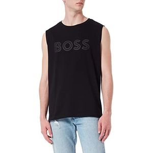 BOSS Mouwloos T-shirt voor heren van katoen met platina-logo met mesh-rug, zwart.