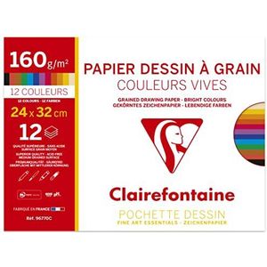 Clairefontaine 96770C Tekentas voor school, 12 vellen tekenpapier met korrel in levendige kleuren, 24 x 32 cm, 160 g, ideaal voor kunststoffen