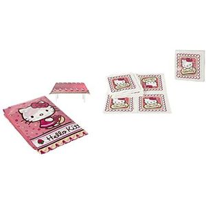 ALMACENESADAN Hello Kitty papieren servetten, 1119, bestaande uit kunststof feesttafelkleed 120 x 180 cm en 20 papieren servetten