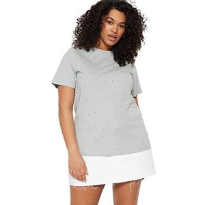 Trendyol T-shirt basique à col rond en tricot pour femme Coupe régulière, gris, 5XL grande taille