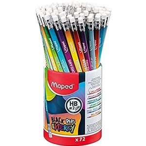 Maped – 72 potloden grafiet Black'Peps Energy HB gum – potloden met inspirerende berichten, verpakking met 72 potloden