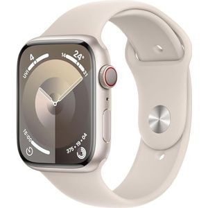 Apple Watch Series 9 (45 mm GPS + mobiel), aluminium behuizing en witte (starlight) sportarmband (M/L) tracker voor fysieke activiteit, apps voor zuurstof in het bloed en ECG, waterbestendig