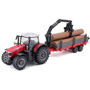 Bburago Massey FERGUSSON 8740S Tractor met houten aanhanger, verschillende motieven en kleuren, 10 cm