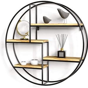 Gadgy® Wandstelling rond met 4 etages, wandrek van hout en metaal, gelast, extra dik, wanddecoratie, woonkamer, industriële stijl, zwart, Ø 42 x 10 cm