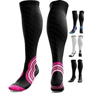 aZengear Compressiekousen voor dames en heren (20 - 30 mmHg klasse 2) – compressiekousen voor vliegreizen, Pro Sport, recuperatie, anti-trombose, zwart/rood, maat S-M, Zwart/Roze