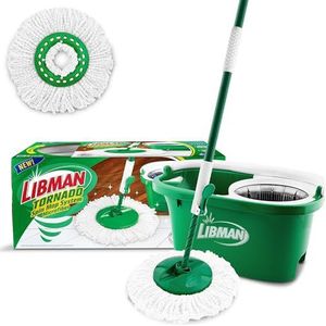 Libman Tornado Spin Mop System Plus 1 navulkop – totaal reinigingssysteem met robuuste microvezelkop, robuuste handgreep en 1 extra reservekop, veilig voor alle