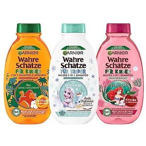 Garnier Wahre Schätze für Kinder - Set van 3 zachte shampoo 2-in-1 - Disney Edition - Ariel, Elsa, Leeuwenking, zeer goed verdragen, veganistisch, havermelk abrikoos, kers, 3 x 250 ml